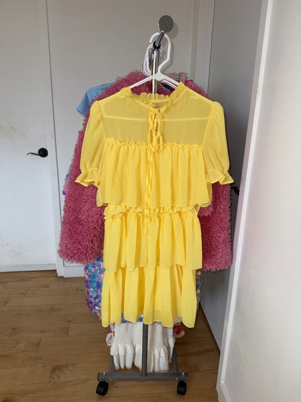 Yellow Chiffon Ruffle Mini Dress